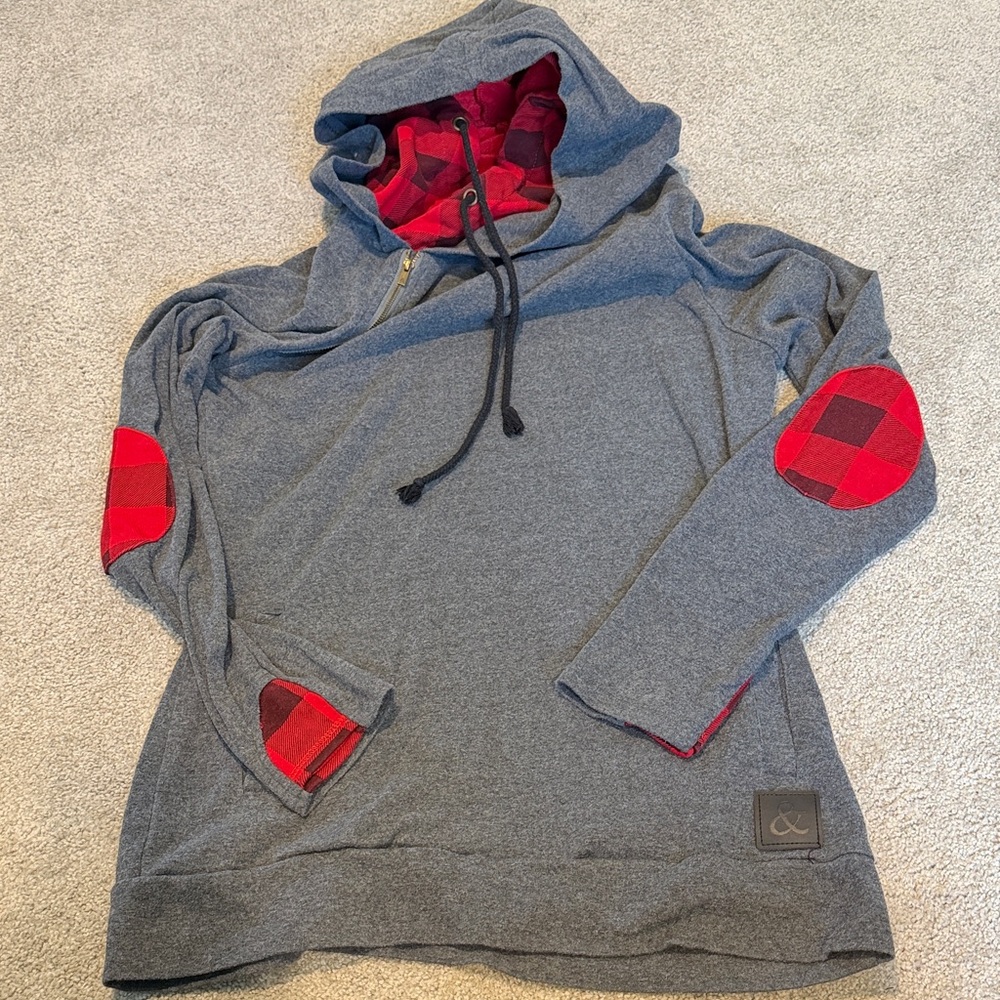 Gray and Red Plaid Men's Hoodie